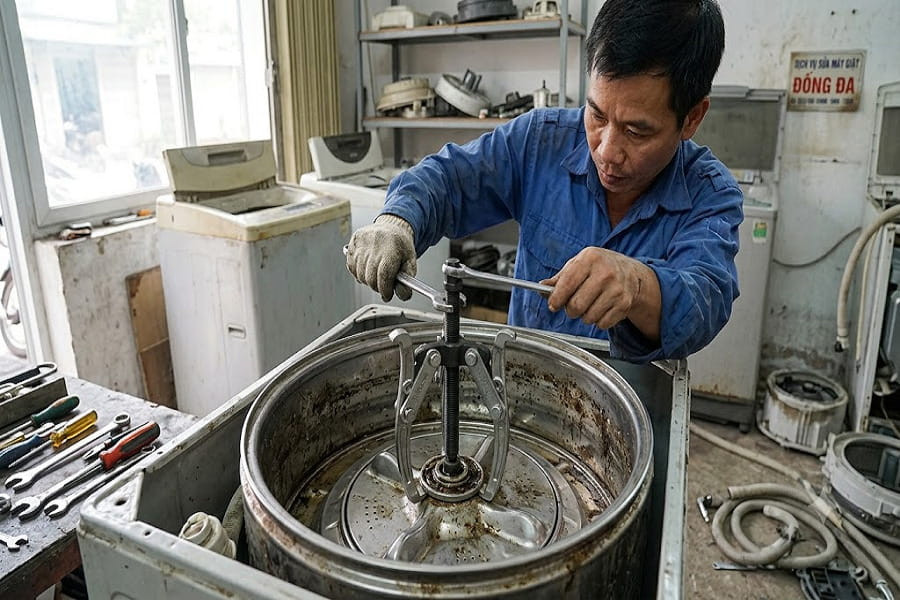 Thợ Rửa Máy Giặt Đống Đa Dùng Vam Cảo Tháo Lồng Inox